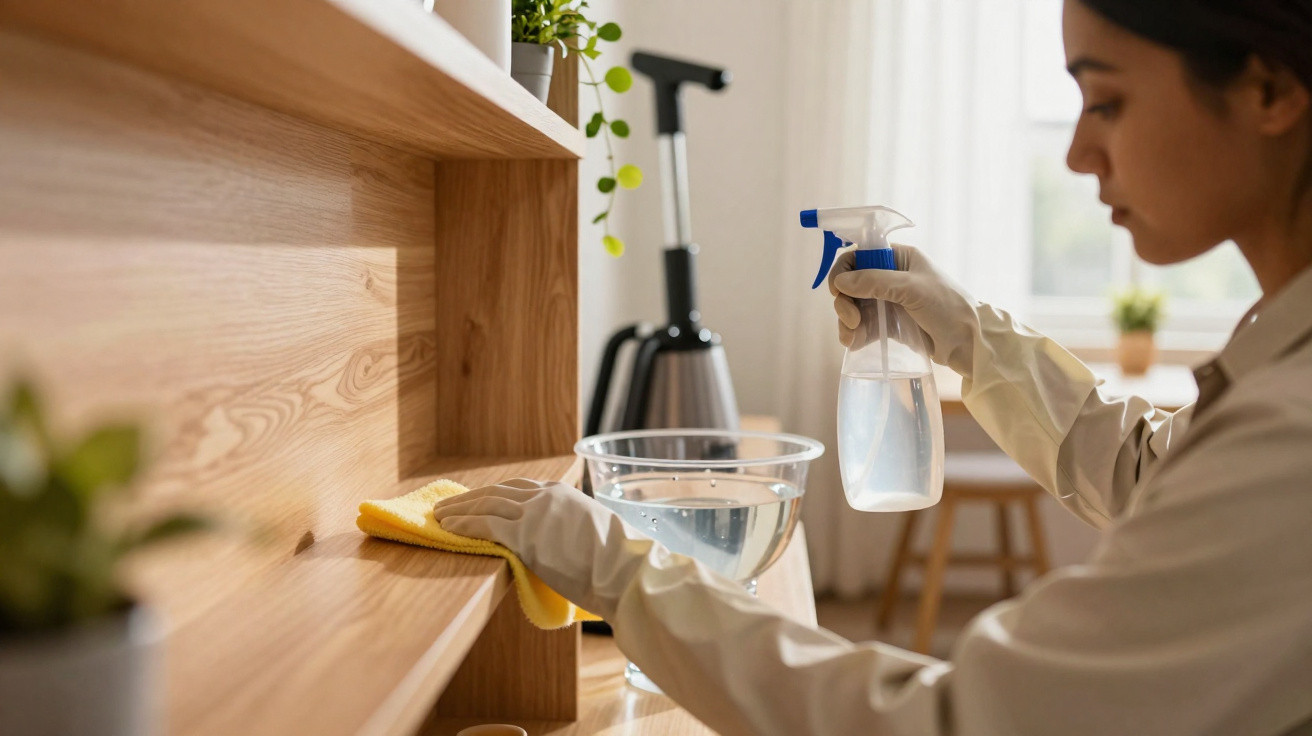 Person wearing gloves cleaning wooden shelves with a spray bottle and cloth in a bright room.