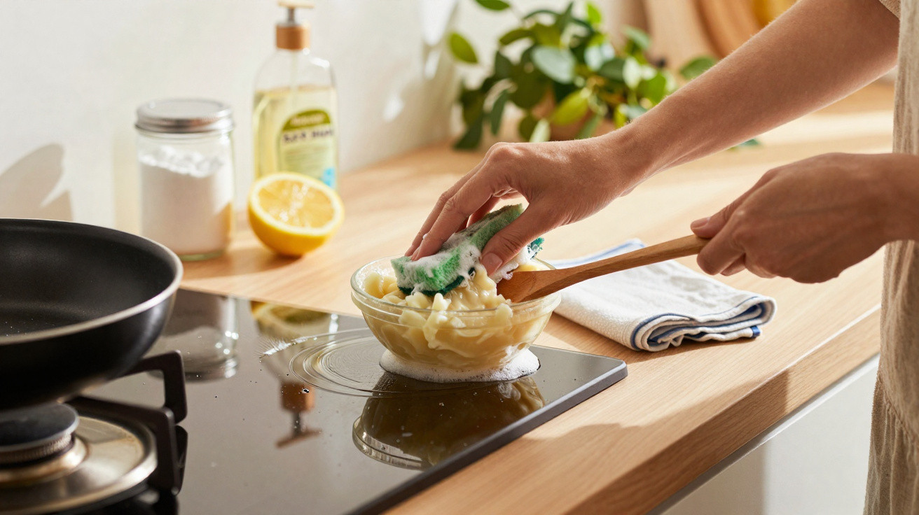 Hand scrubbing a glass bowl of cooked pasta with a sponge on a kitchen countertop.