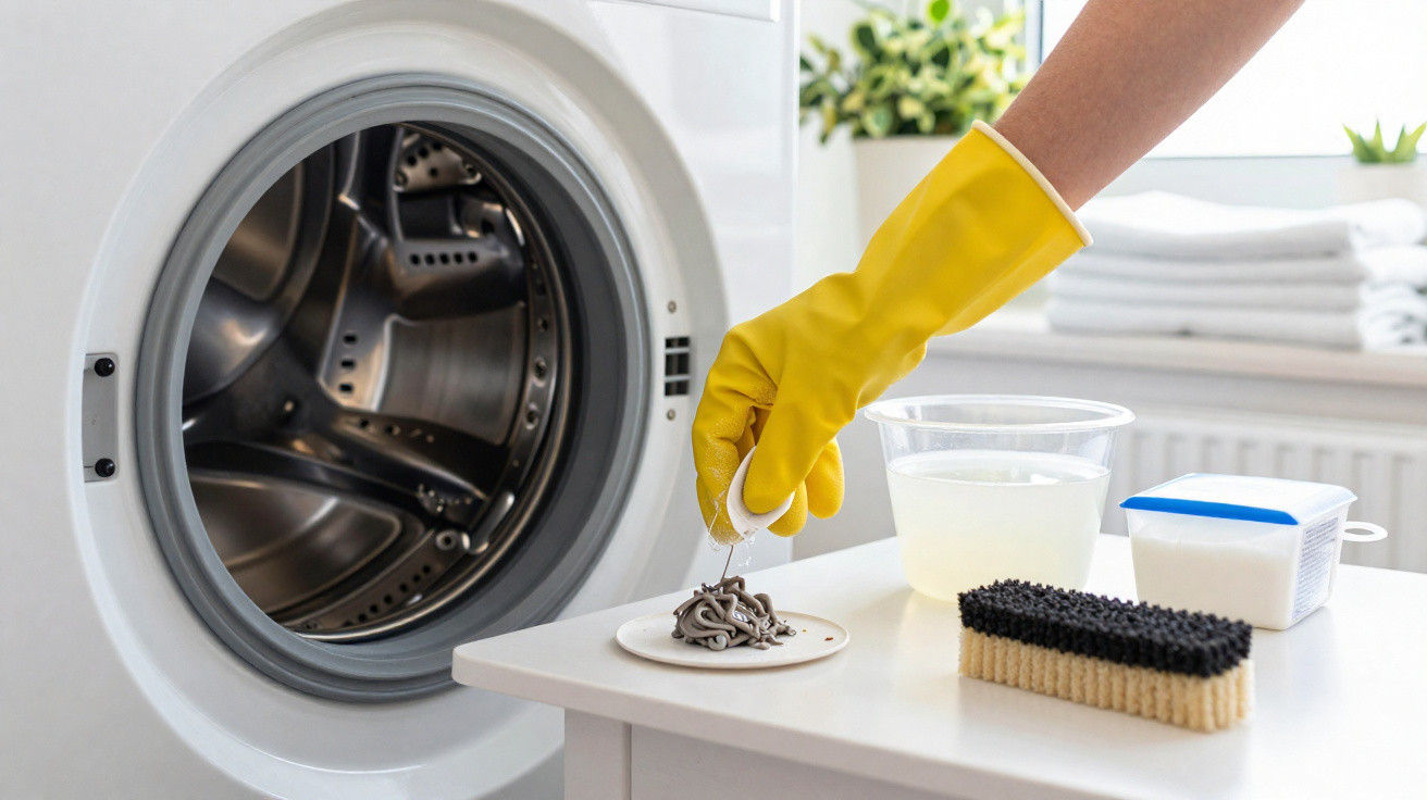 Person wearing yellow glove pouring detergent onto a plate near an open washing machine and cleaning supplies.