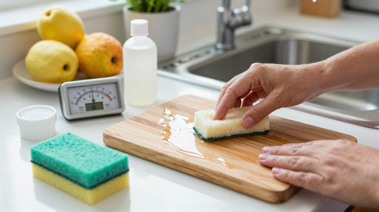 Hands scrubbing a wet wooden cutting board with a sponge on a kitchen countertop near fruit and cleaning supplies.