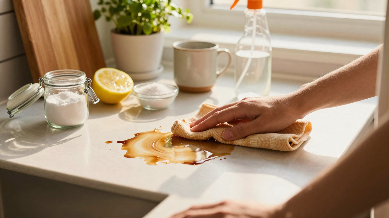 Hand wiping a coffee spill on a kitchen counter with cleaning supplies and lemon nearby in sunlight.