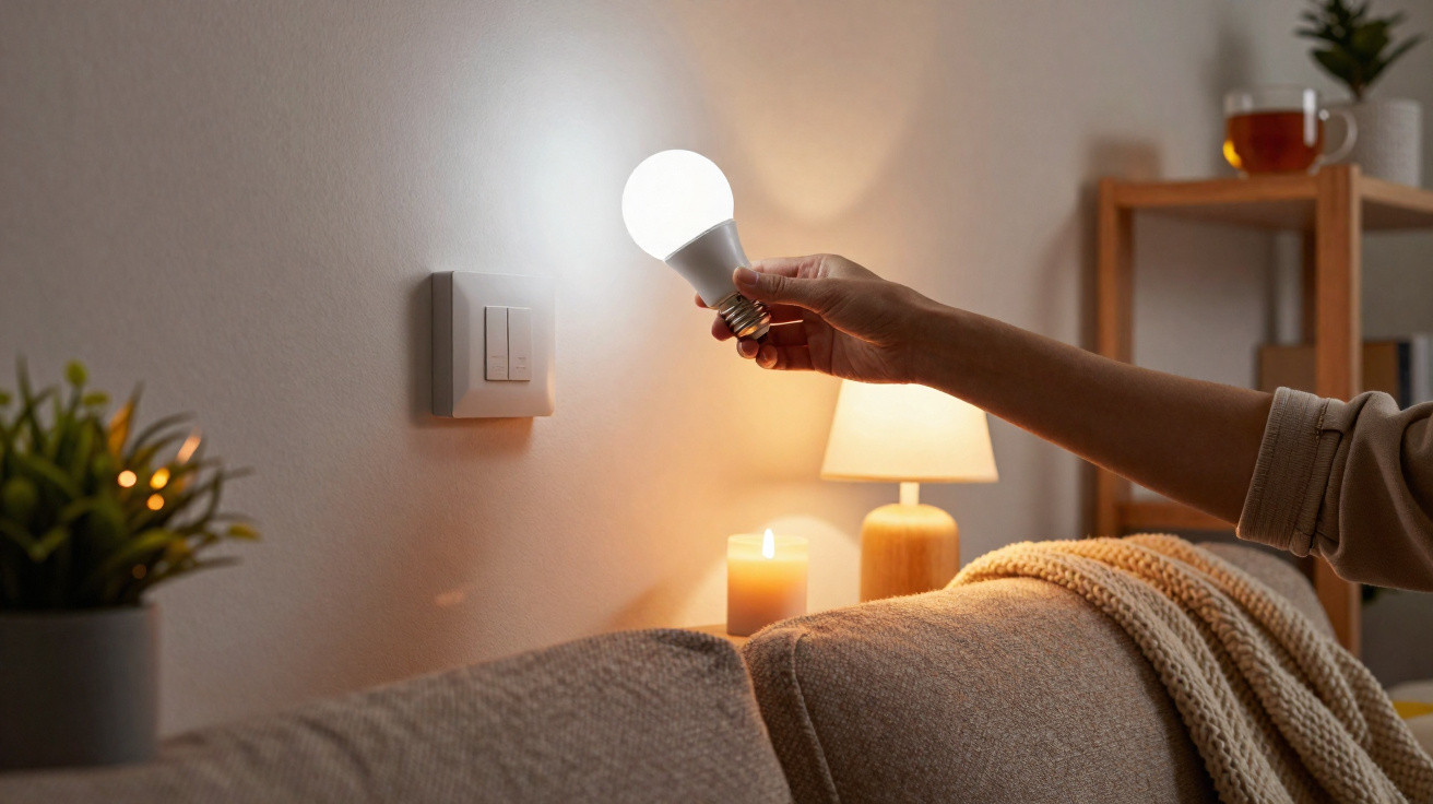 Person holding an LED light bulb near a light switch above a sofa in a cozy, softly lit living room.
