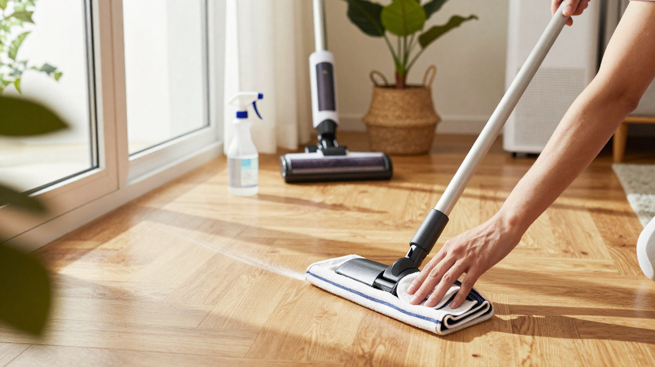 Person cleaning wooden floor with spray mop in bright room with plants and vacuum cleaner in background.