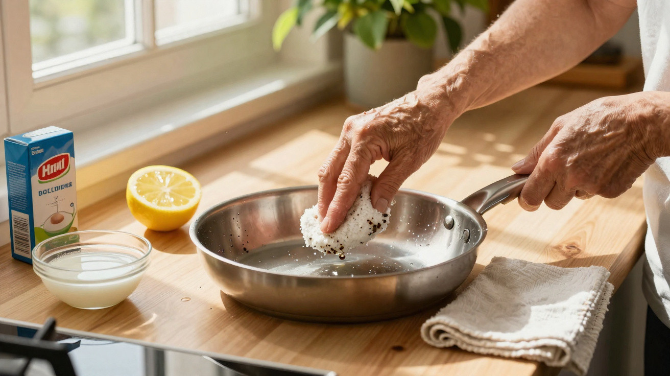 Person seasoning a stainless steel frying pan on a wooden kitchen countertop with lemon and baking powder nearby.