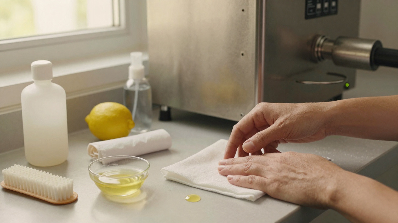 Hands wiping a kitchen counter with a cloth surrounded by cleaning items, lemon, and a dish brush near a window.