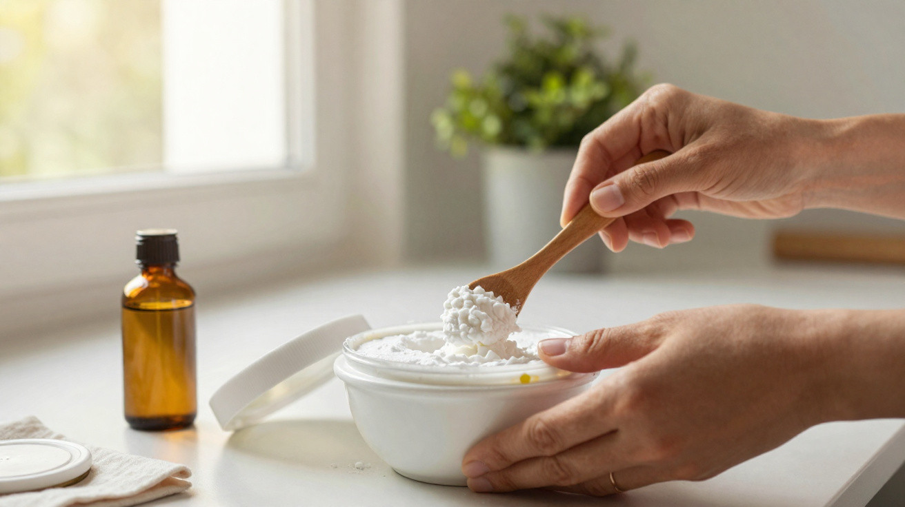 Hands scooping white baking soda from a bowl with a wooden spoon on a kitchen counter.