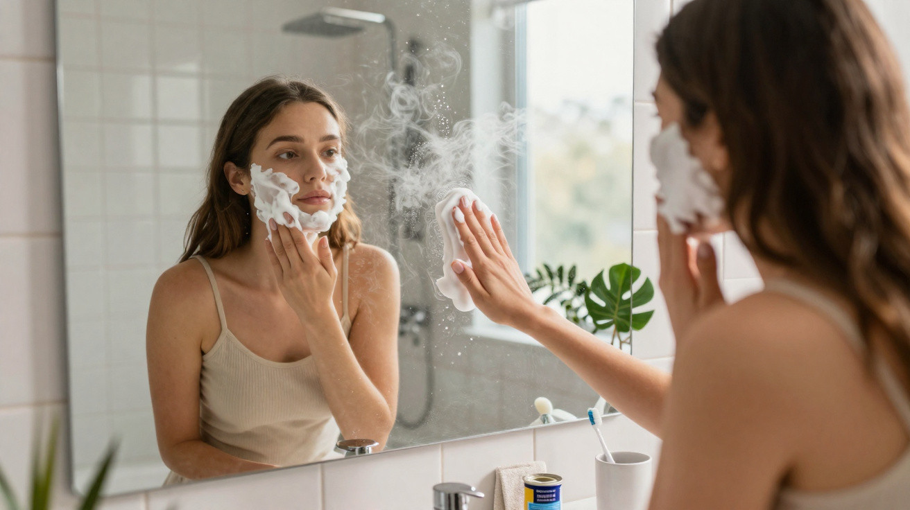 Woman with shaving foam on face wiping a fogged bathroom mirror with a cloth