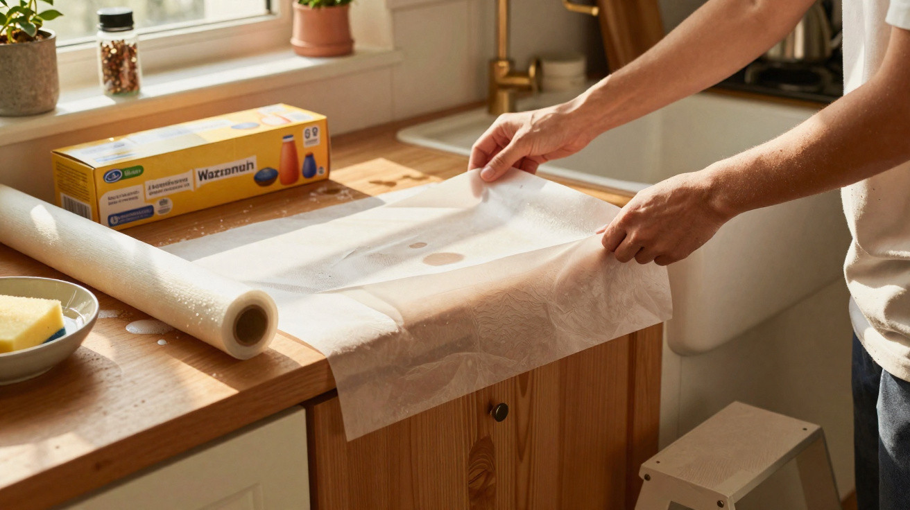 Person covering a wooden kitchen countertop with wax paper near a roll and sponge in sunlight.
