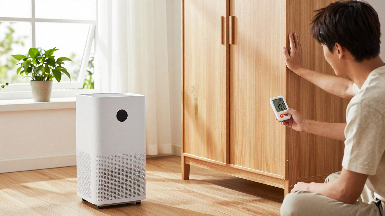 Man measuring air quality in room with wooden wardrobe, white air purifier, and plant by window.