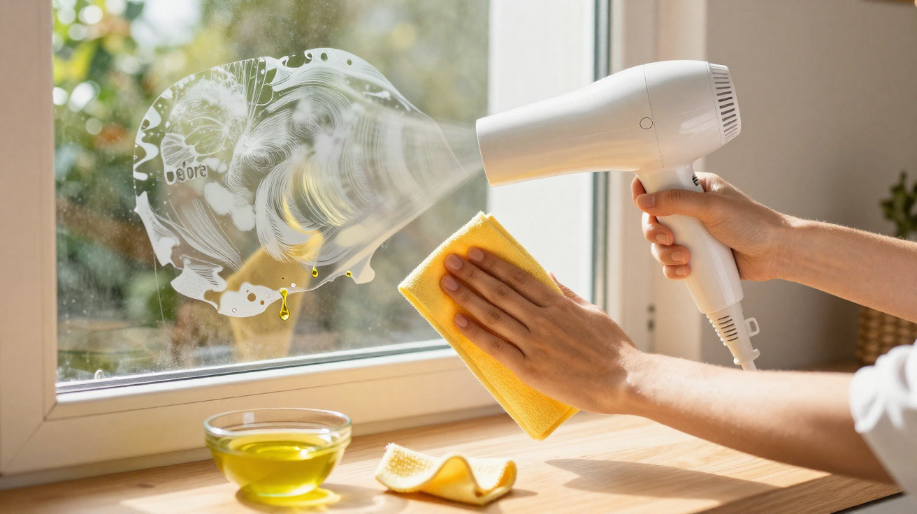 Person using a white hairdryer to dry a cleaning solution on a window with a yellow cloth on a wooden surface.