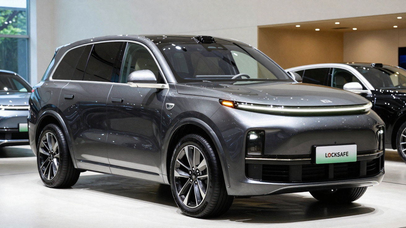 Sleek grey electric SUV with modern LED headlights displayed indoors at an auto show showroom.