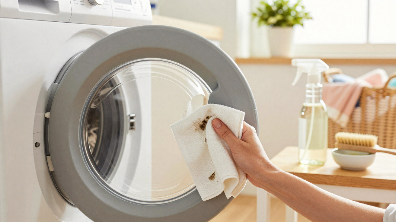 Hand holding a stained white cloth near the door of a front-loading washing machine in a bright laundry room.