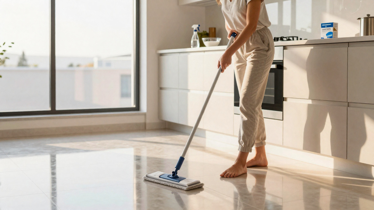 Person cleaning a shiny kitchen floor with a mop in a bright, modern kitchen with large window.