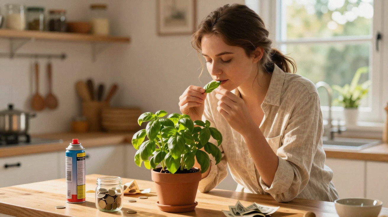 Young woman smelling fresh basil leaves in a sunlit kitchen with coins and cash on the table.