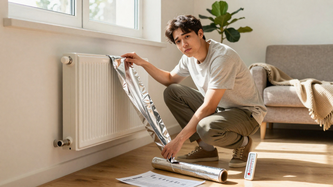 Young man installing reflective foil behind a home radiator next to a thermometer on the floor.