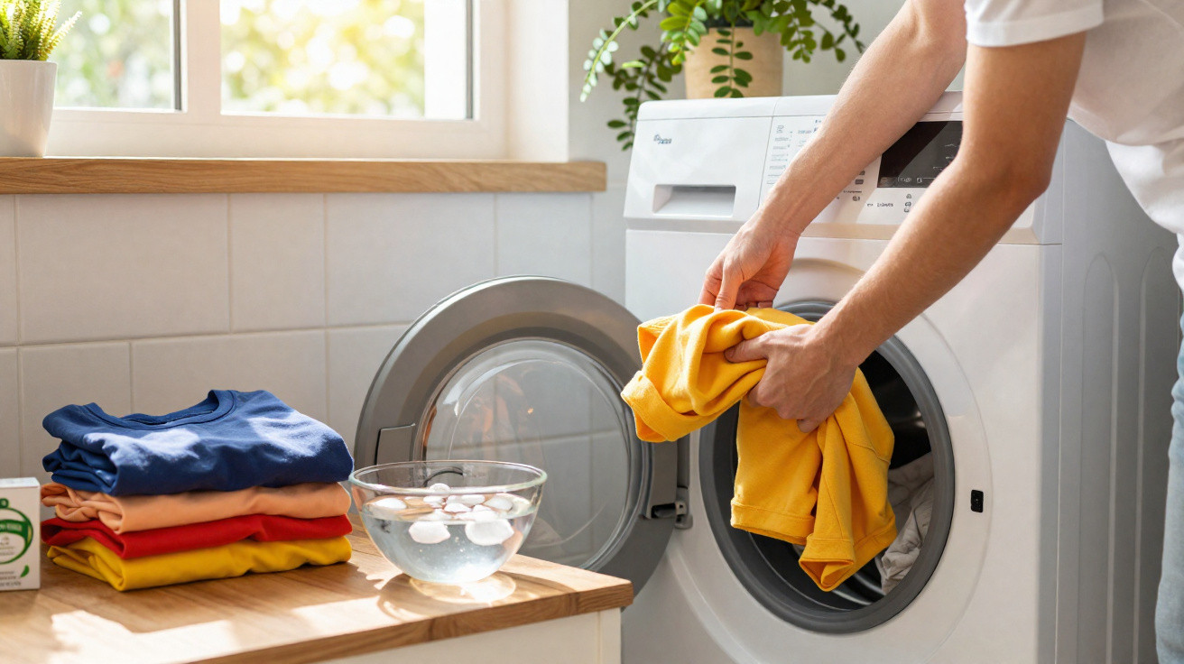 Person loading yellow clothes into a front-loading washing machine in a bright laundry room.