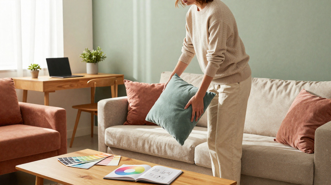 Person arranging a green cushion on a beige sofa in a cosy living room with colour swatches on the table.