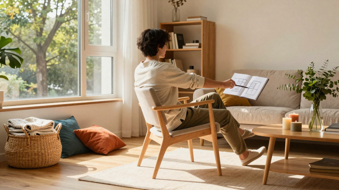 Person sitting in a wooden chair in a sunlit living room, holding architectural plans or drawings.