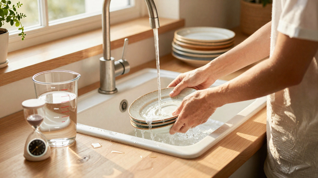 Person washing stacked ceramic plates under running kitchen sink tap with measuring jug and hourglass timer nearby