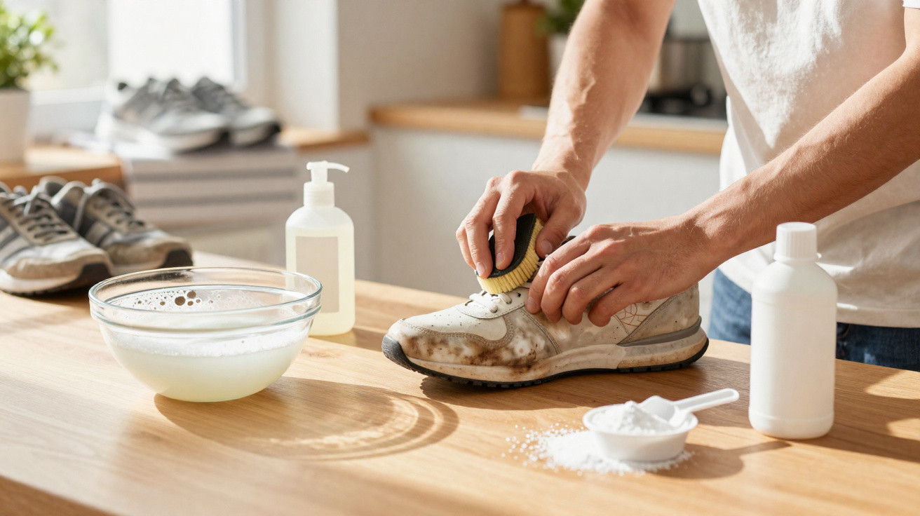 Person cleaning a dirty white sneaker with a brush on a wooden table with cleaning supplies.