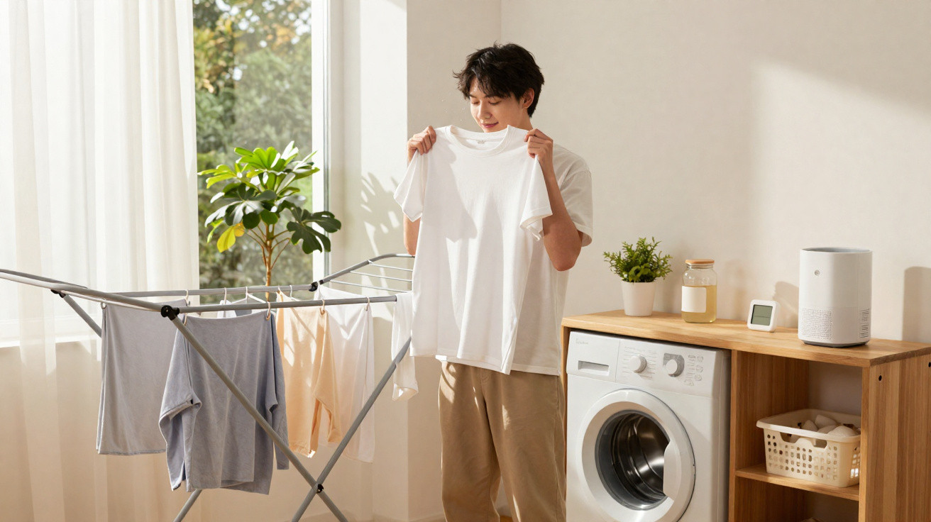Man hanging white t-shirt on drying rack in sunlit laundry room with washing machine and plants.