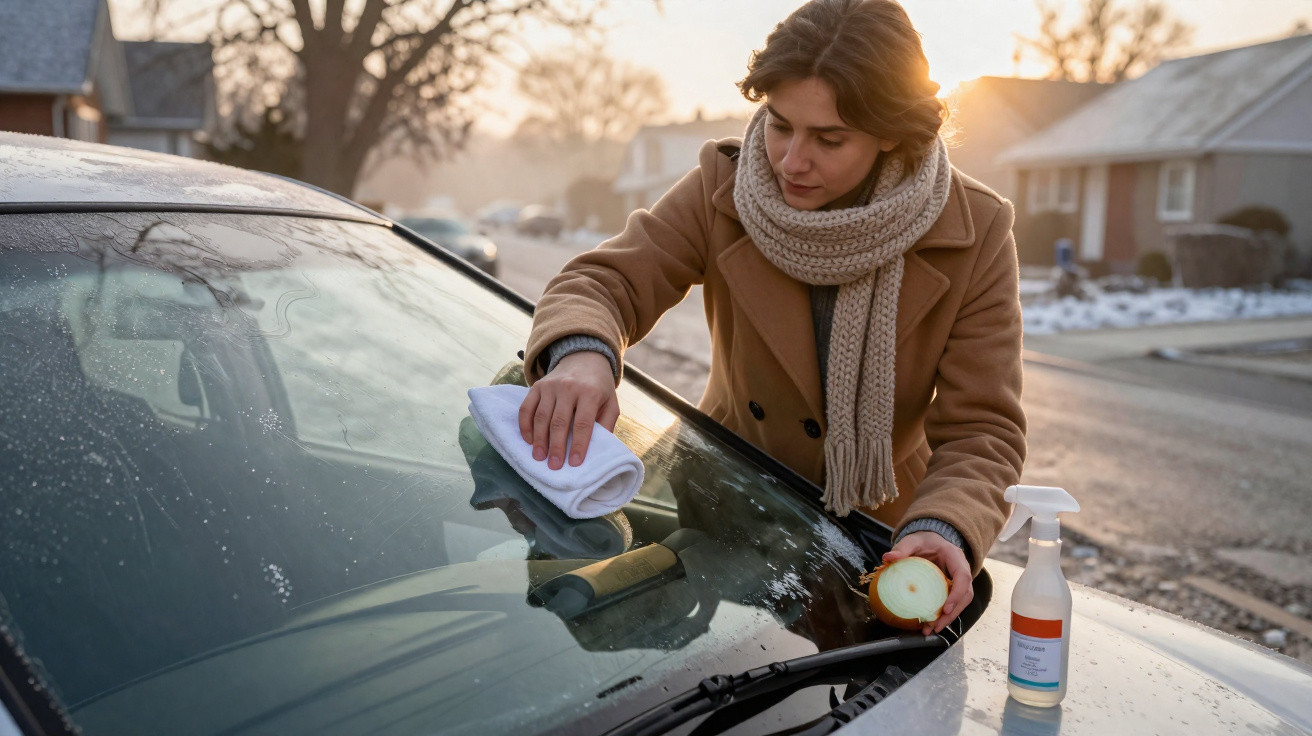 Woman using an onion and cloth to remove frost from a car windshield on a cold winter morning.
