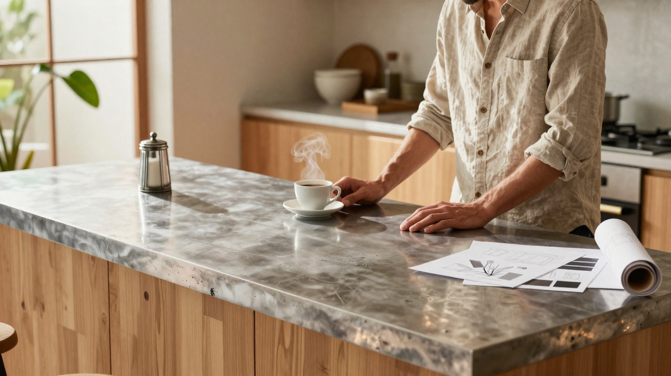 Person in beige shirt holding a steaming cup of coffee on a marble kitchen island with papers nearby.