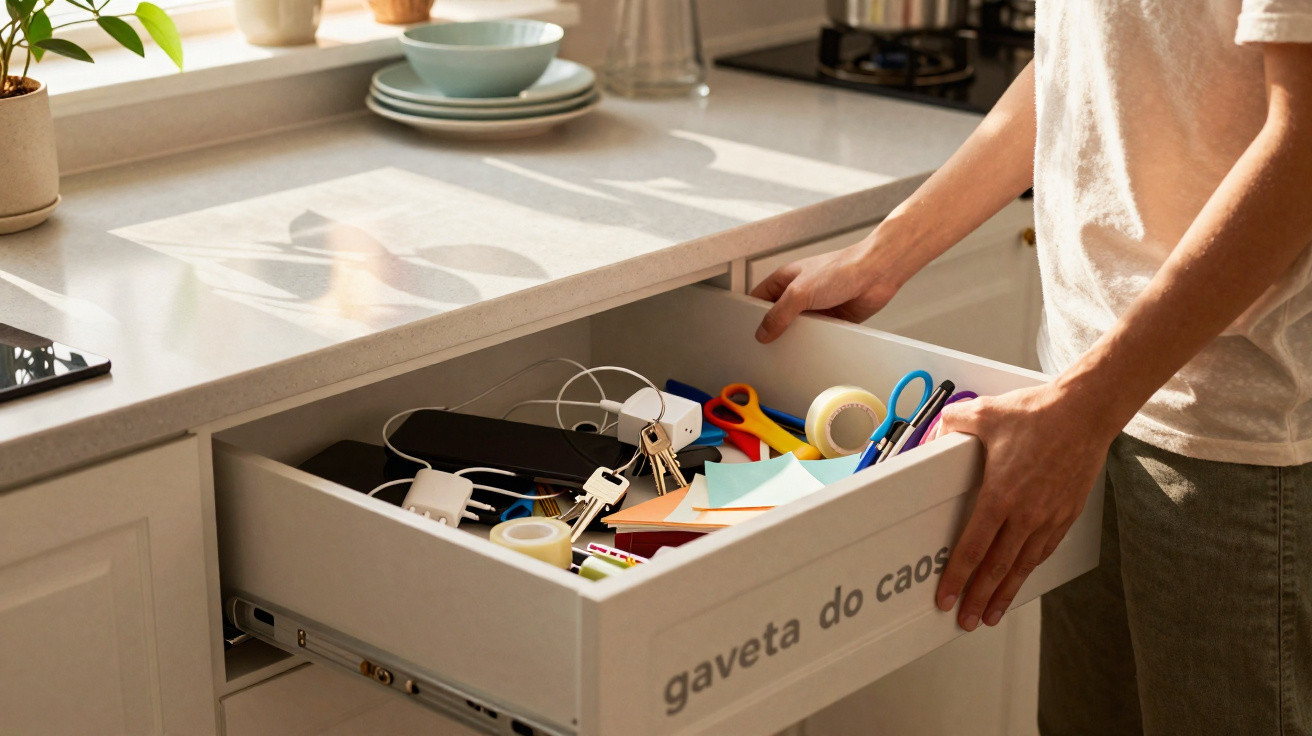 Person opening a cluttered drawer labelled "gaveta do caos" containing stationery, keys, and electronic items.