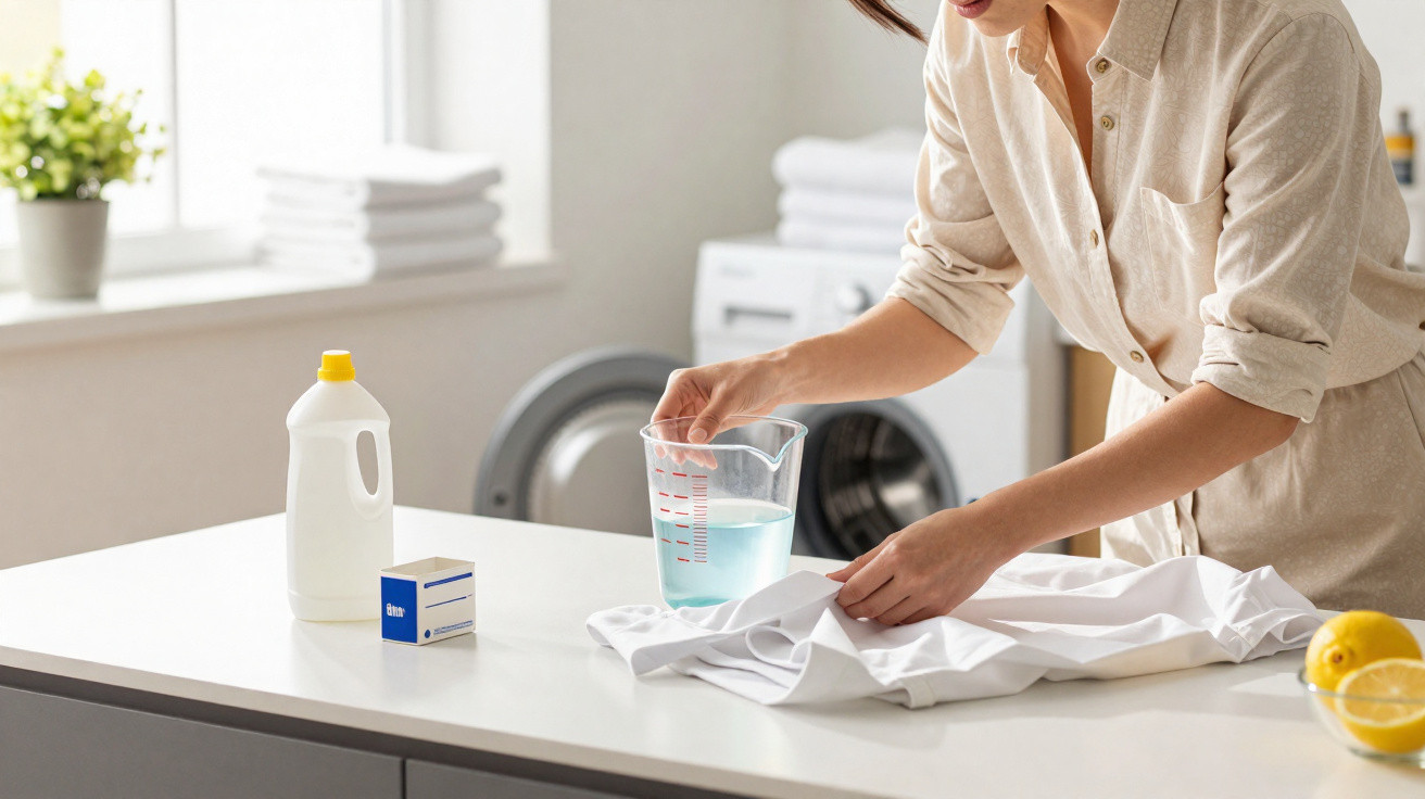 Person pouring water from a measuring jug onto a white shirt on a kitchen counter near cleaning products.