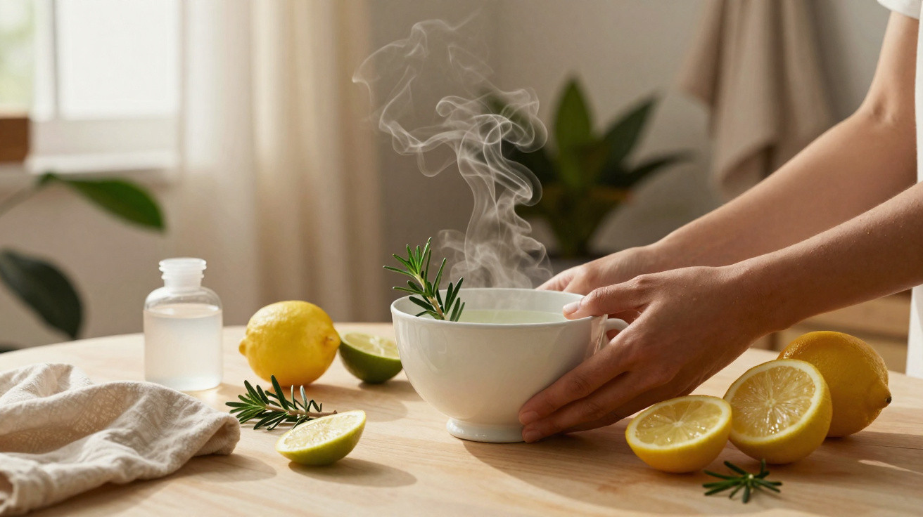Hands holding a steaming bowl with rosemary, surrounded by lemons, limes, and a bottle on a wooden table.