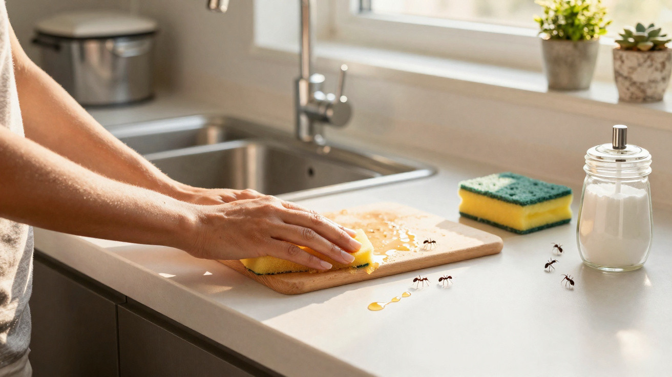 Person cleaning a kitchen counter with a sponge near ants attracted to spilled honey on the surface.