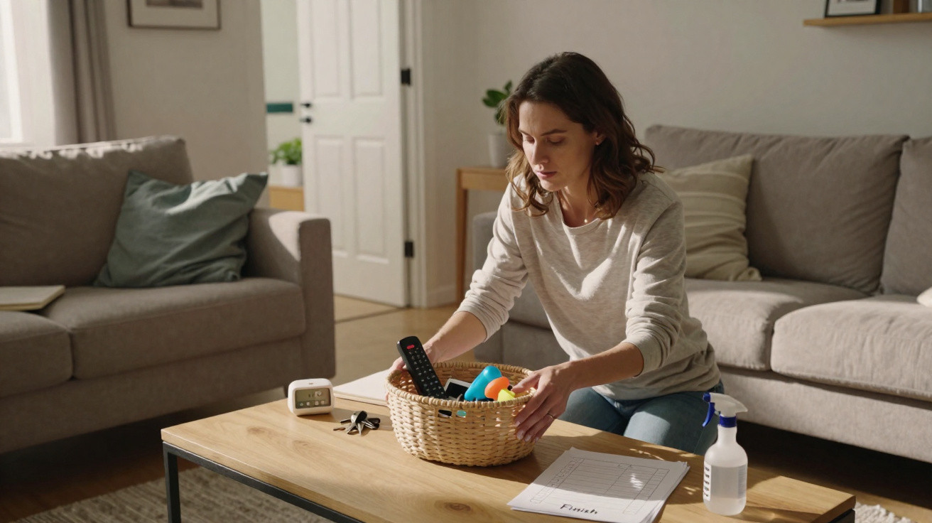 Woman organising items into a basket on a living room table with spray bottle and papers nearby.