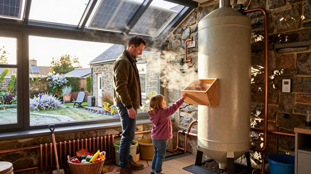 Child and adult observing steam rising from large metal boiler inside sunlit room with stone walls and garden view