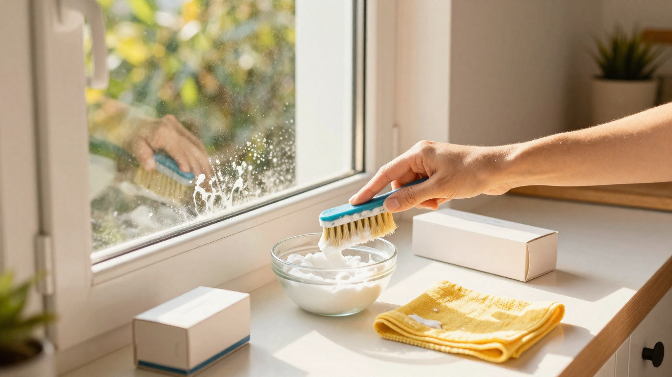 Hand holding scrub brush with foam, cleaning a window on a white windowsill with a yellow cloth nearby.