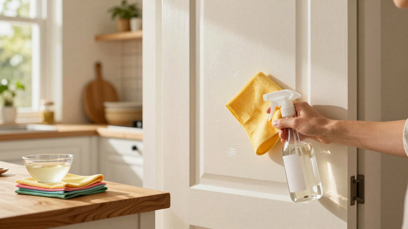 Hand cleaning a white door with a spray bottle and yellow cloth in a bright kitchen setting.