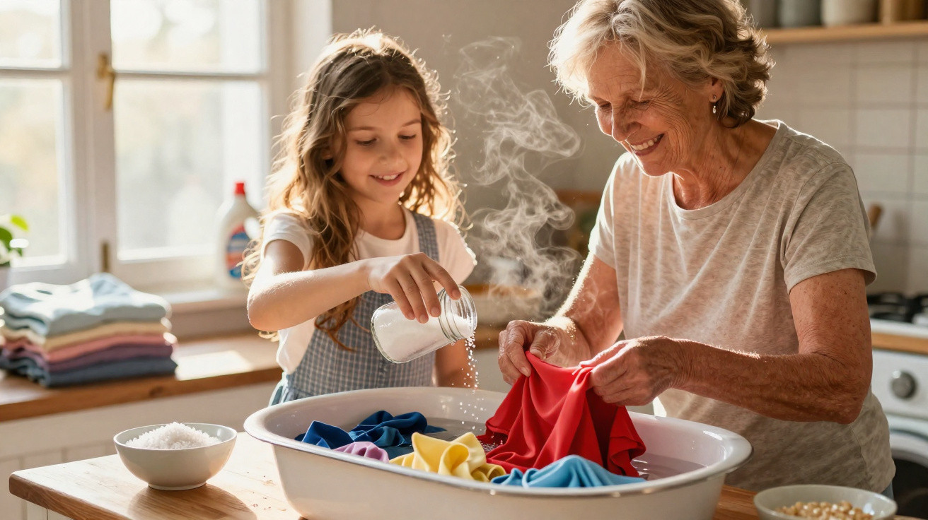 Elderly woman and young girl happily doing laundry together in a sunlit kitchen.