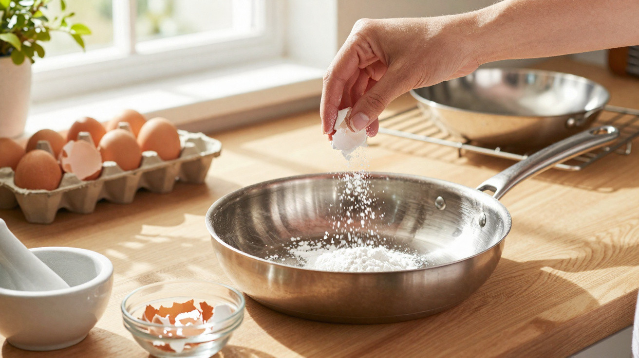 Hand sprinkling salt into a stainless steel frying pan on a wooden kitchen counter with eggs nearby.