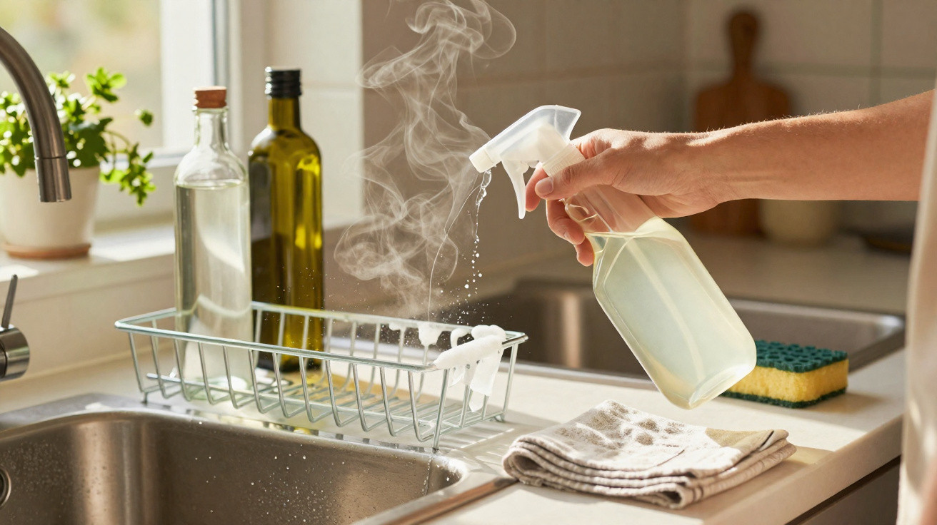 Hand spraying cleaning solution onto a steaming metal dish rack by the kitchen sink with cleaning tools nearby.