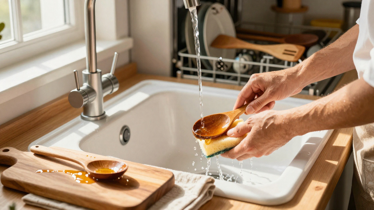 Person washing wooden spoon under running water in a bright kitchen sink with natural light.