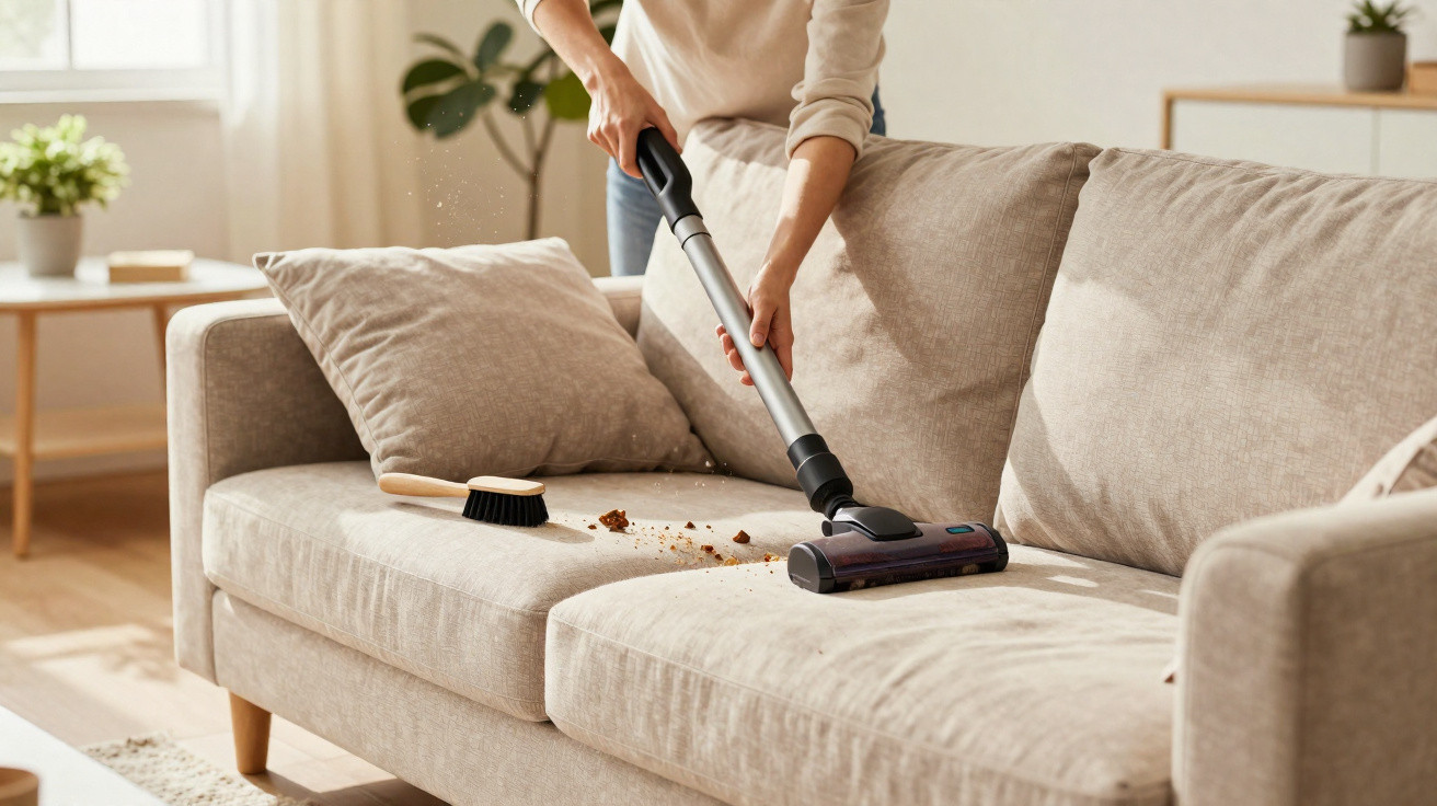 Person vacuuming crumbs off a beige fabric sofa in a bright living room with a brush on the cushion.