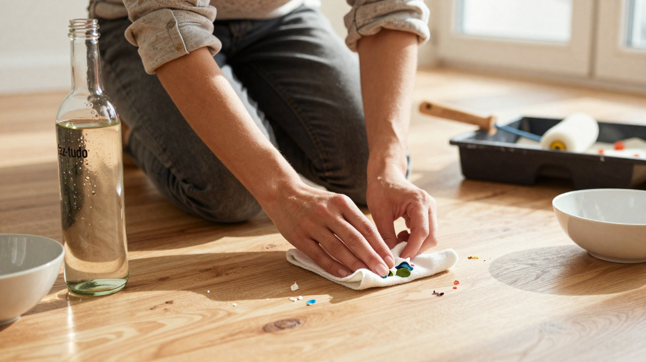 Person kneeling on wooden floor, wiping up paint splatters with cloth beside paint tray and glass bottle.