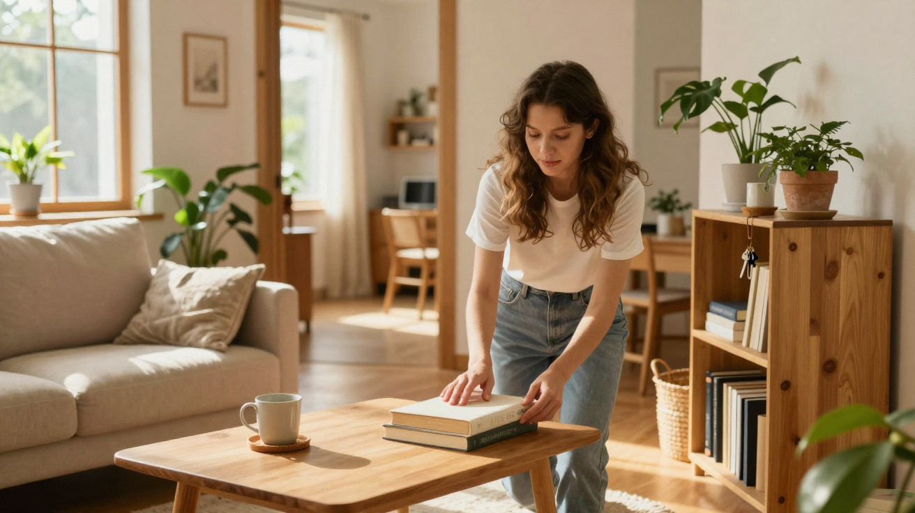 Young woman arranging books on a wooden coffee table in a sunlit, cosy living room.