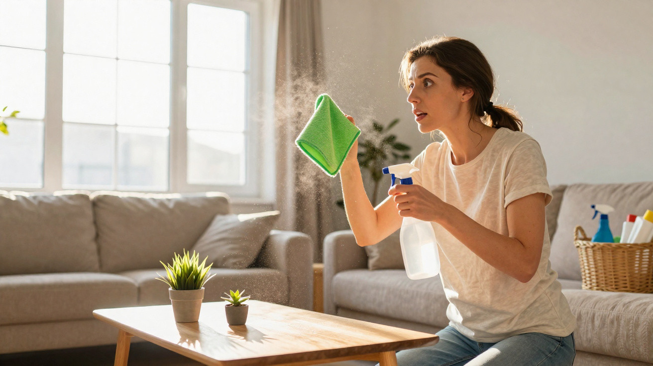Woman cleaning living room table with spray bottle and cloth, sunlight through large windows behind her.