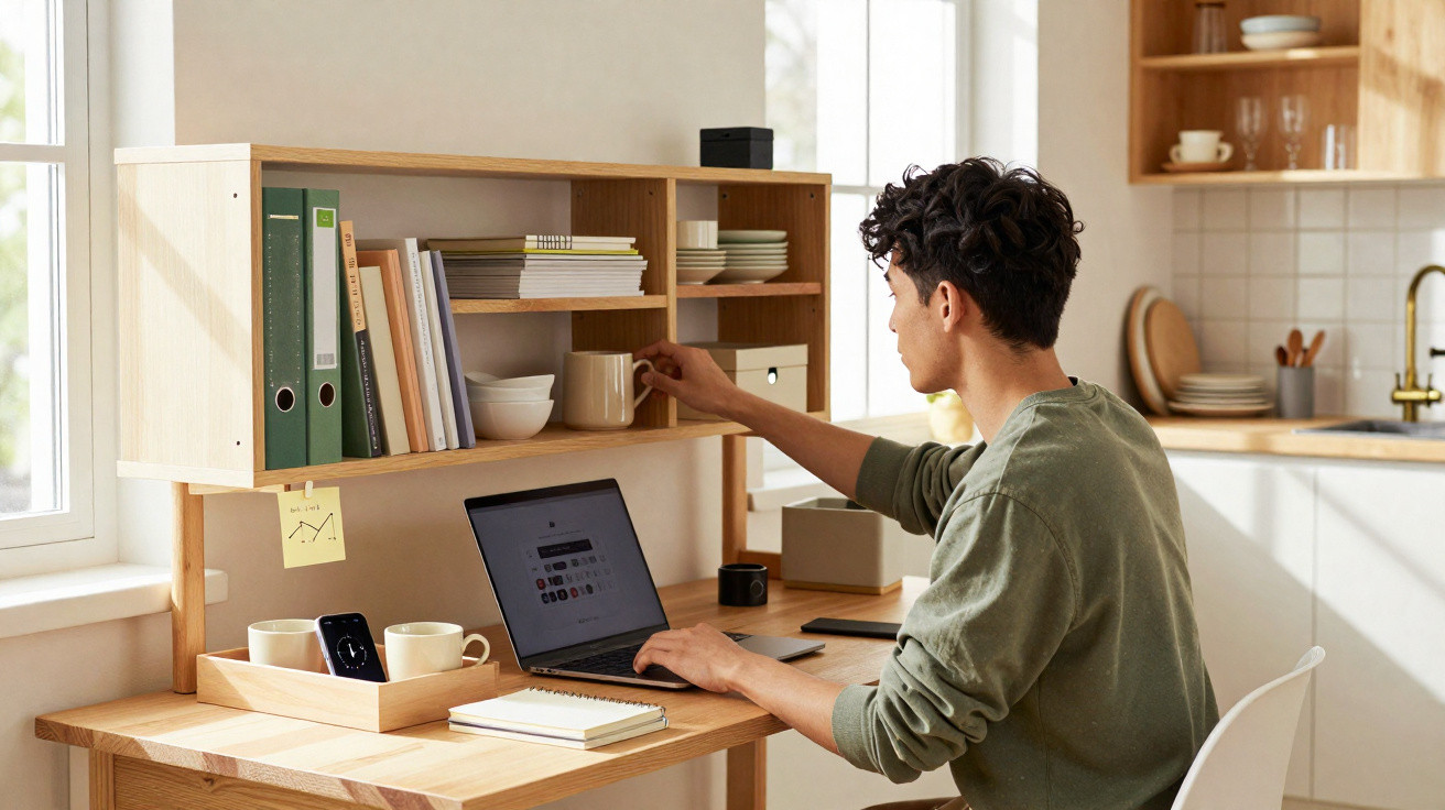 Young man working on a laptop at a wooden desk in a bright home office, reaching for a mug on a shelf above.