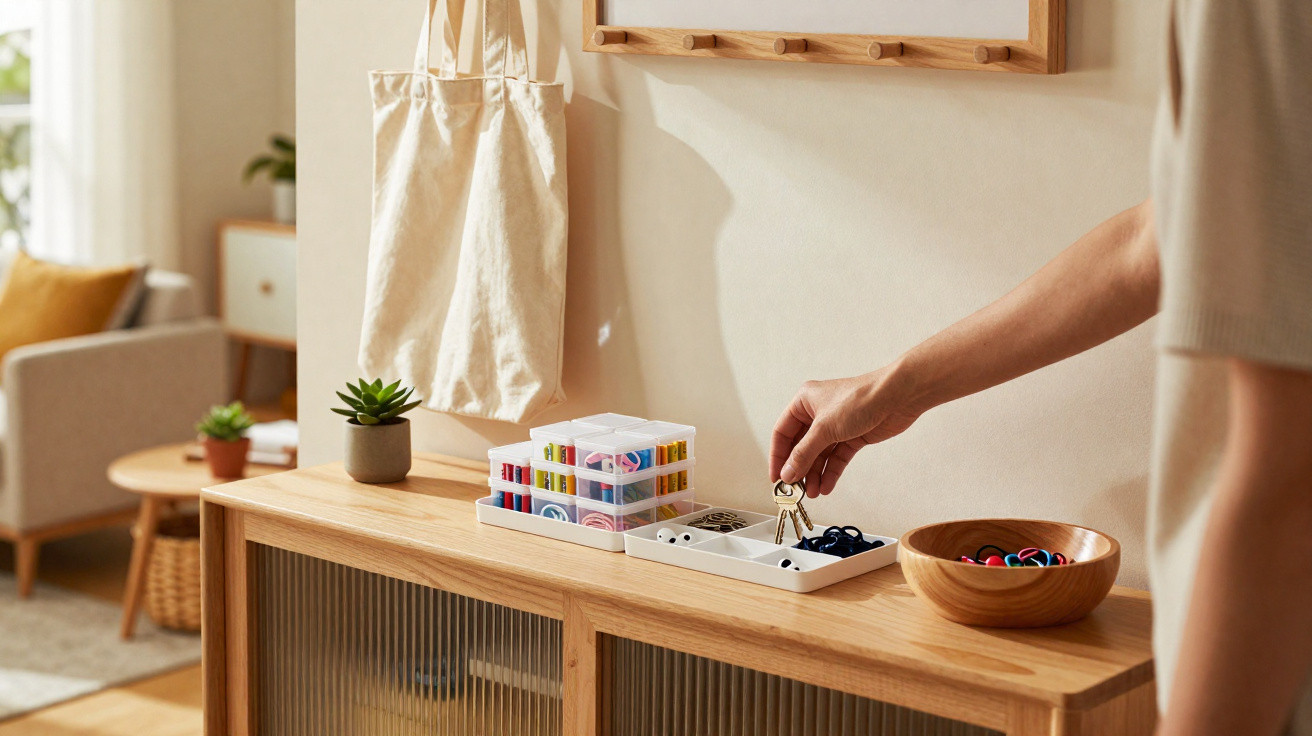 Person placing keys on a wooden sideboard with organisers, a wooden bowl, a tote bag and a small plant nearby.