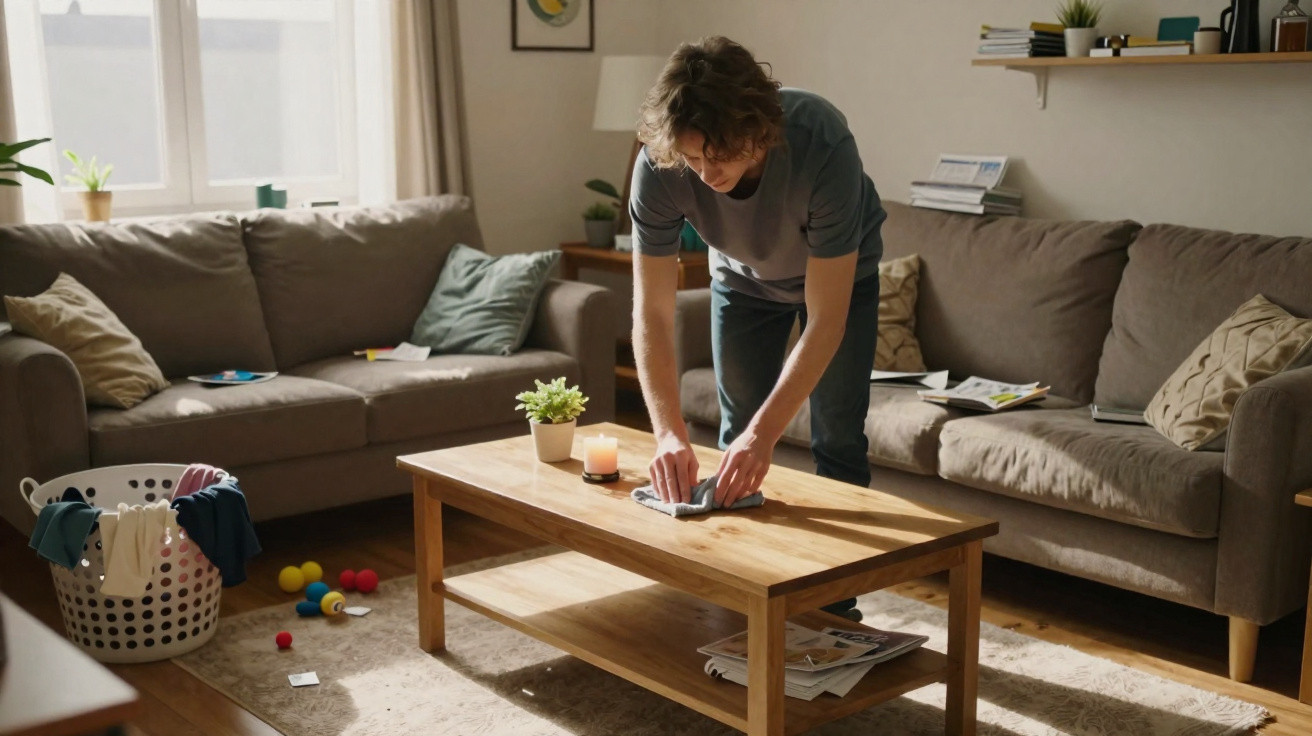 Person wiping a wooden coffee table in a cosy living room with sofas and scattered toys.