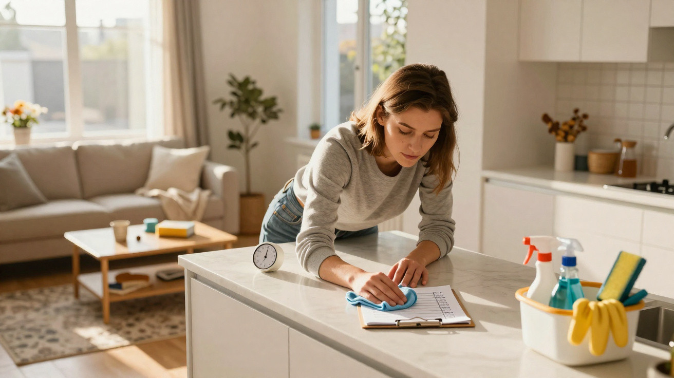 Young woman cleaning kitchen countertop with cloth while leaning over in a bright home setting.