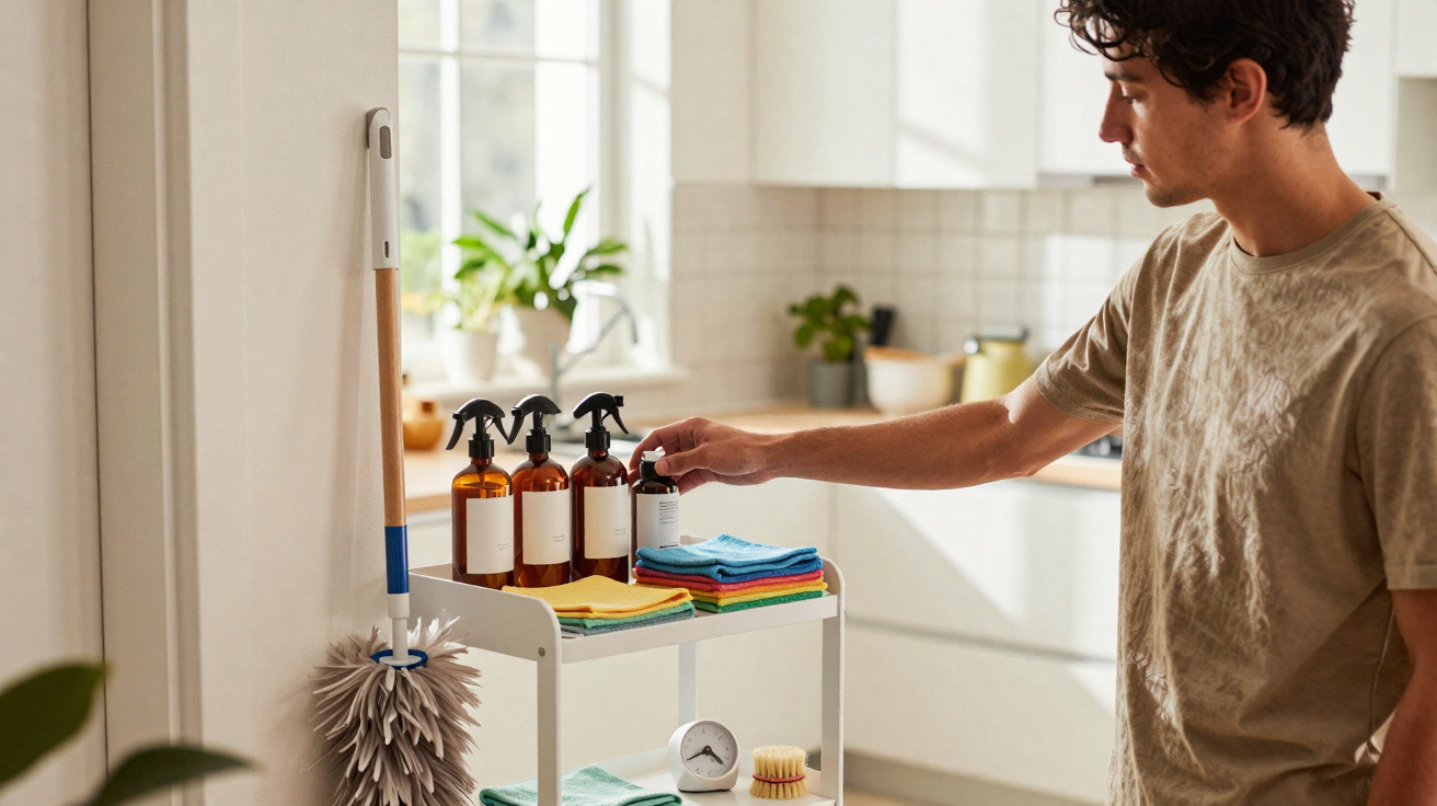 Young man organising cleaning sprays and cloths on a trolley in a bright kitchen.