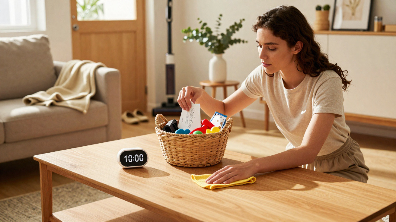Young woman cleaning a wooden coffee table while organising a basket in a bright living room.