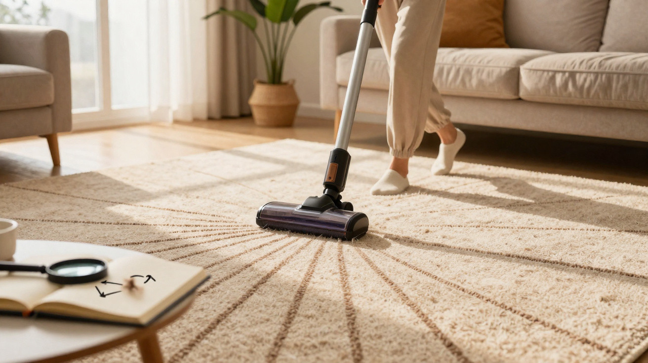 Person vacuuming a patterned beige rug in a sunlit living room with a sofa and potted plant.